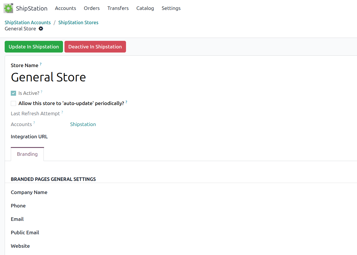 Store form with Update In Shipstation, Reactivate In Shipstation, and Deactive In Shipstation buttons