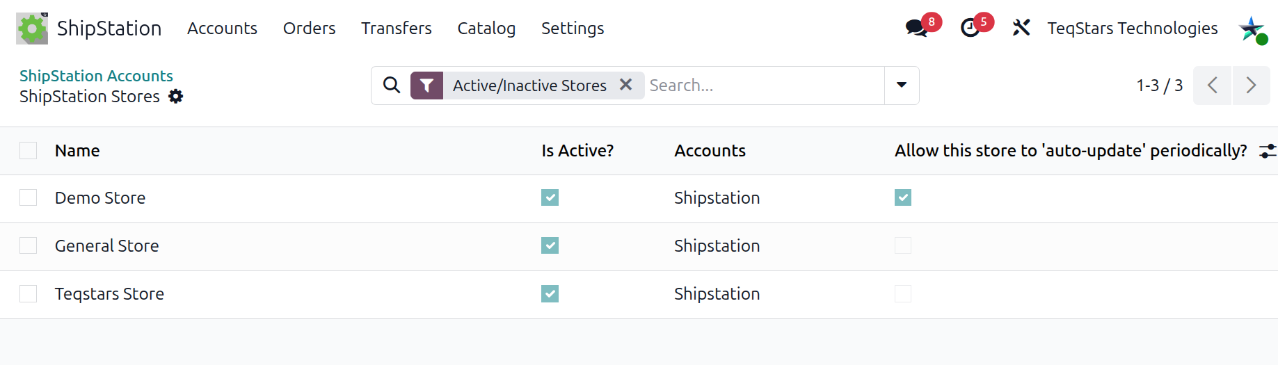 Imported ShipStation stores list view