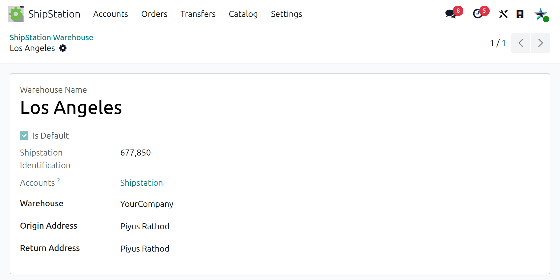 Warehouse form with Origin Address and Return Address