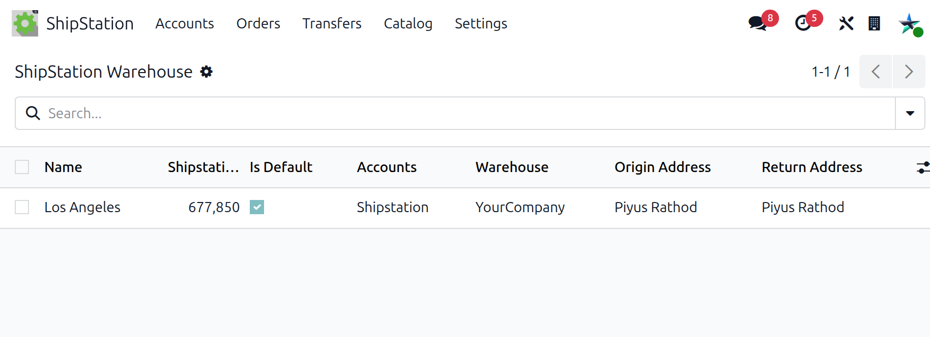 Imported warehouses list view