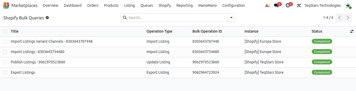 Bulk Queries list view with several records and their status