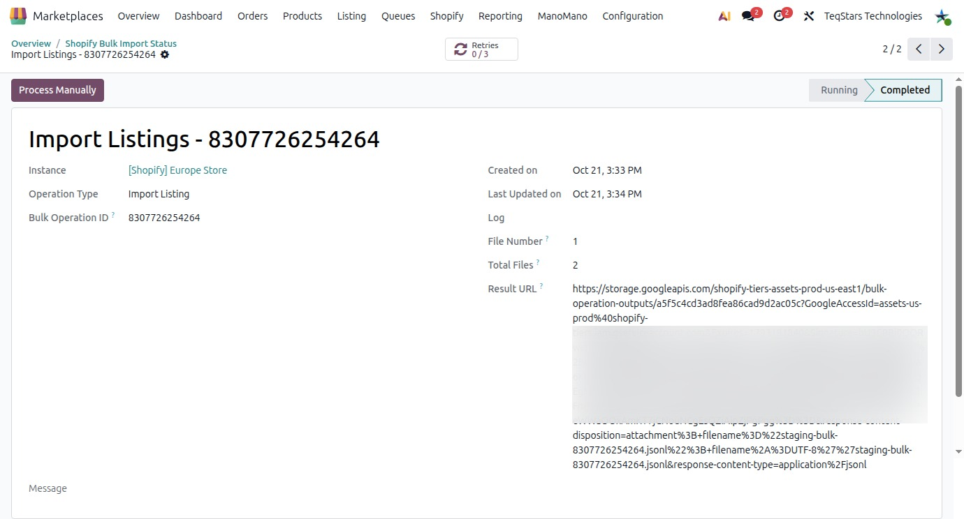 Bulk Query form view showing the main fields and status