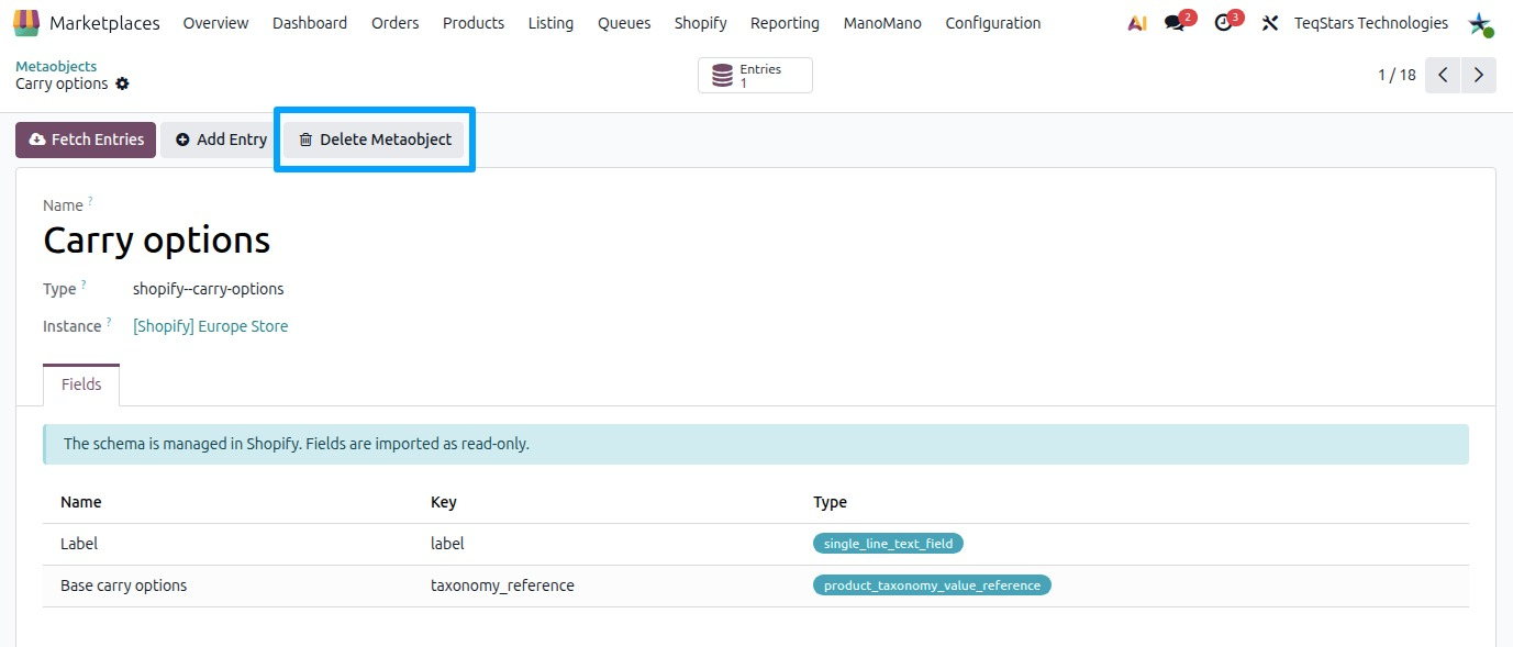 Metaobject definition form with the Delete Metaobject button