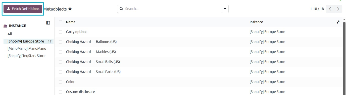 Metaobjects list with the Fetch Definitions button