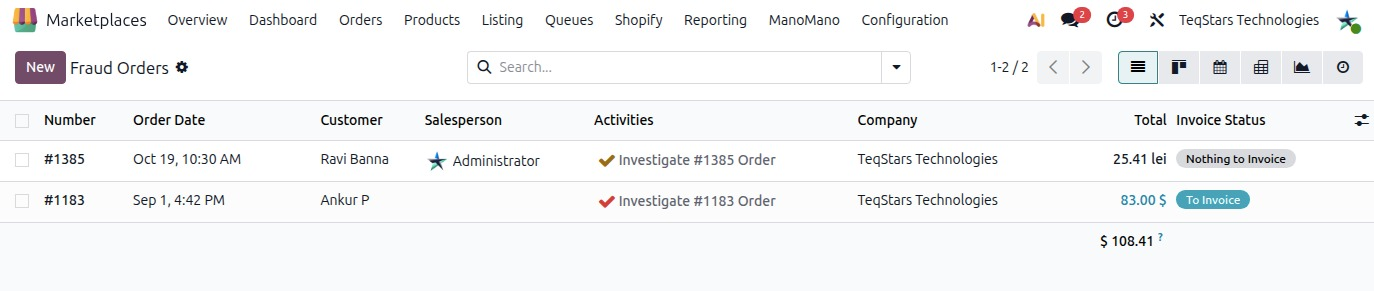 The Fraud Orders list under Marketplaces, Shopify, Operations.