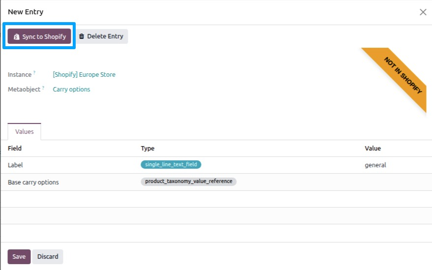 Metaobject entry form showing the Values tab and the Sync to Shopify button