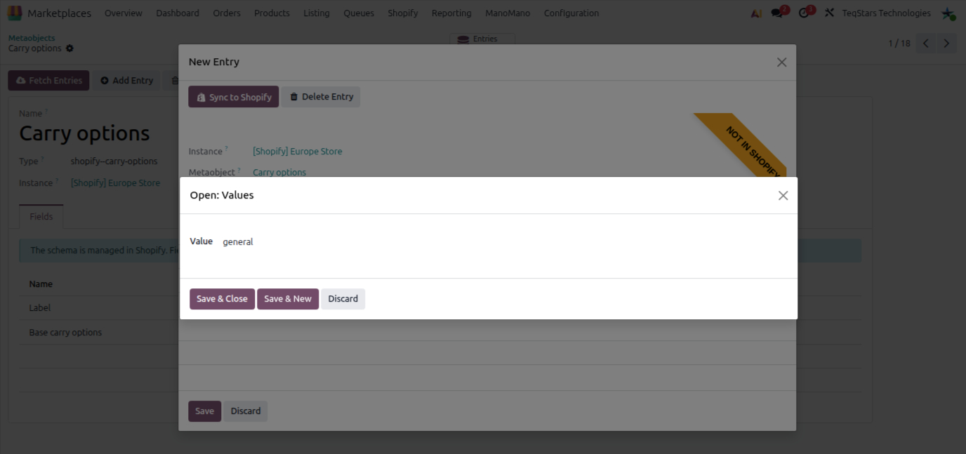 Metaobject New Entry form showing the Open: Values popup and the Sync to Shopify button
