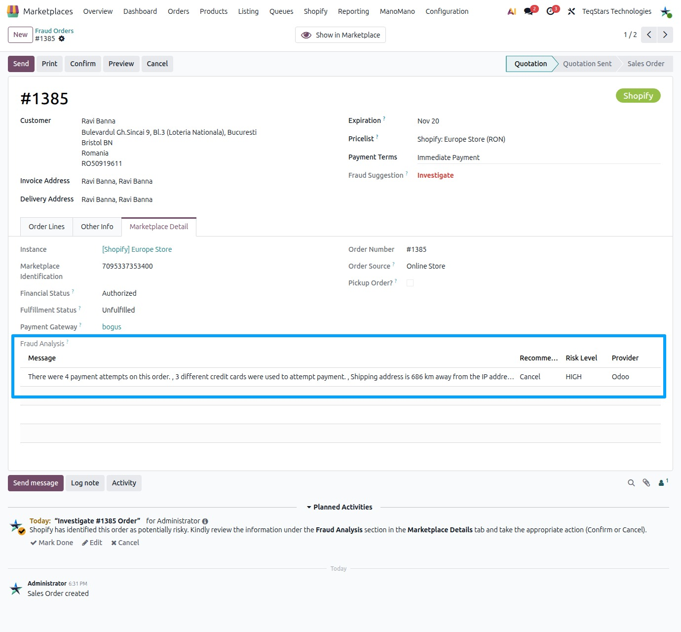 A Shopify sale order with the Fraud Order?, Fraud Suggestion and Fraud Analysis fields.
