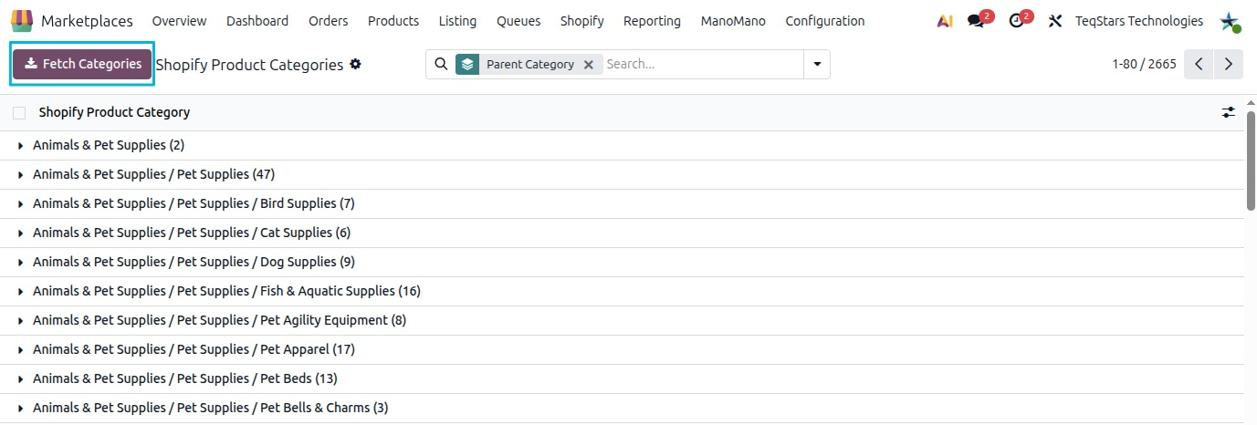 the Shopify Categories list with the Fetch Categories action