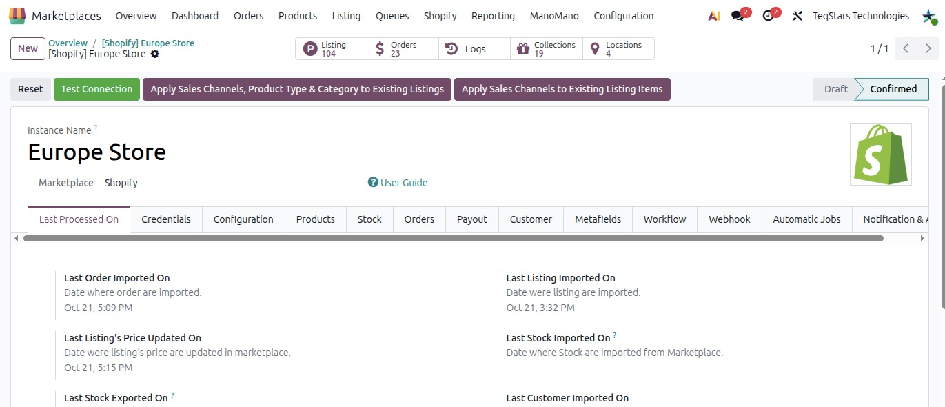 the Shopify instance form with the Apply Sales Channels, Product Type & Category to Existing Listings and Apply Sales Ch