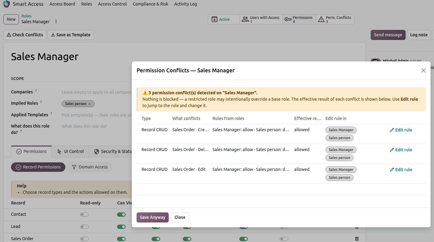 a role form showing its Permission Conflicts list