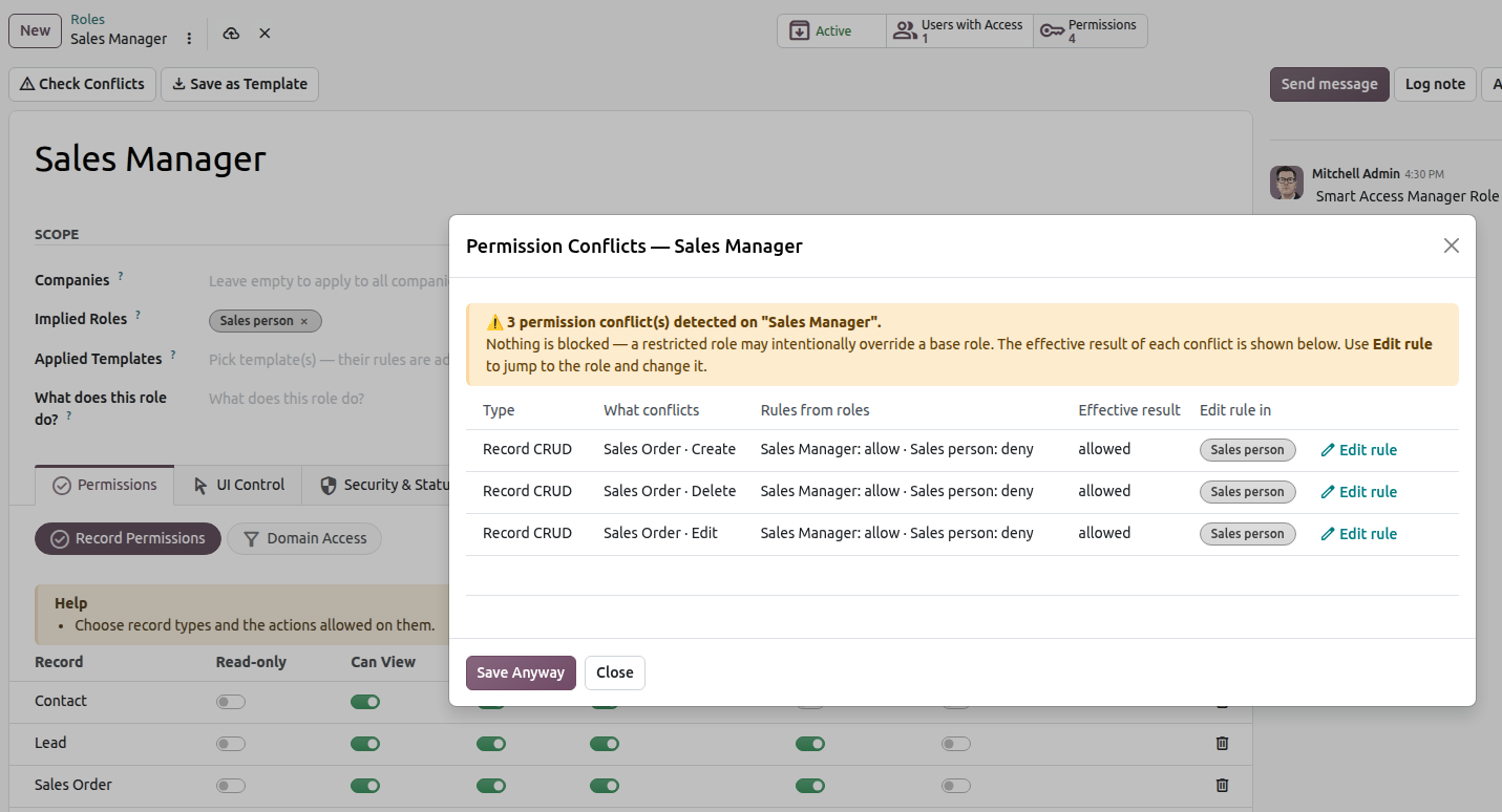 the conflict warning that opens when a role is saved, showing the Summary and the list of Conflicts