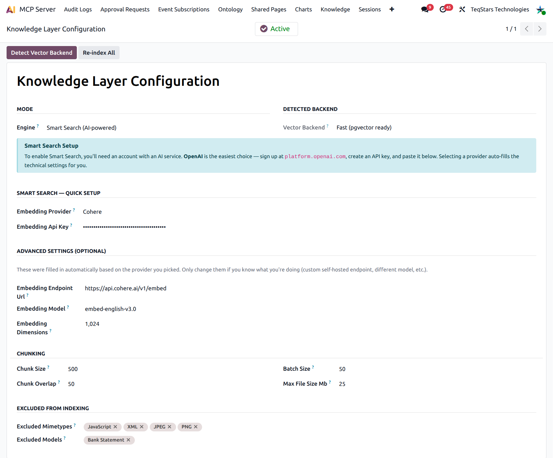 Smart Search Quick Setup group with Cohere selected and the API Key field filled in