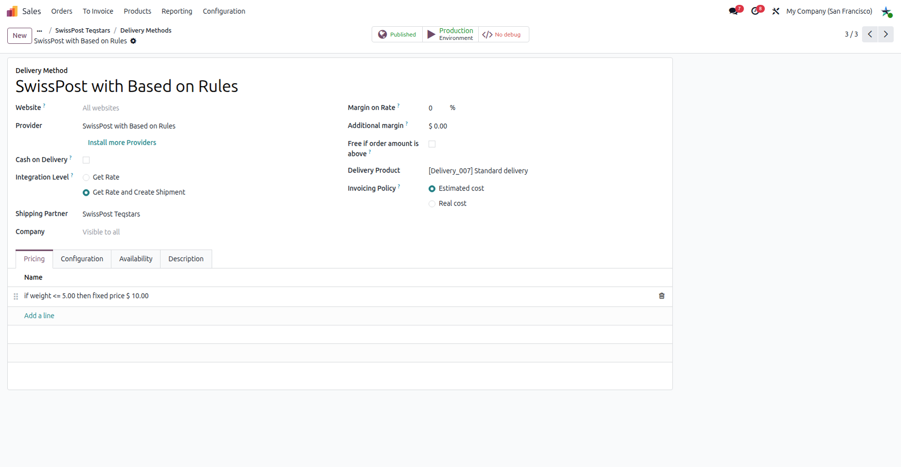 The Swiss Post delivery method with the SwissPost with Based on Rules provider and its Configuration tab.