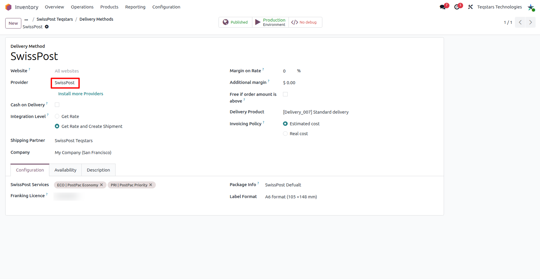 The Swiss Post delivery method form with the Shipping Partner field and the Configuration tab showing Franking Licence, SwissPost Services and Label Format.