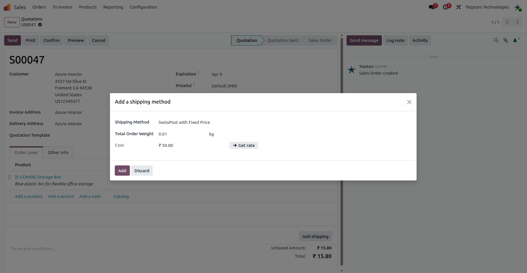 Getting the rate with a Swiss Post fixed price delivery method on a sale order.