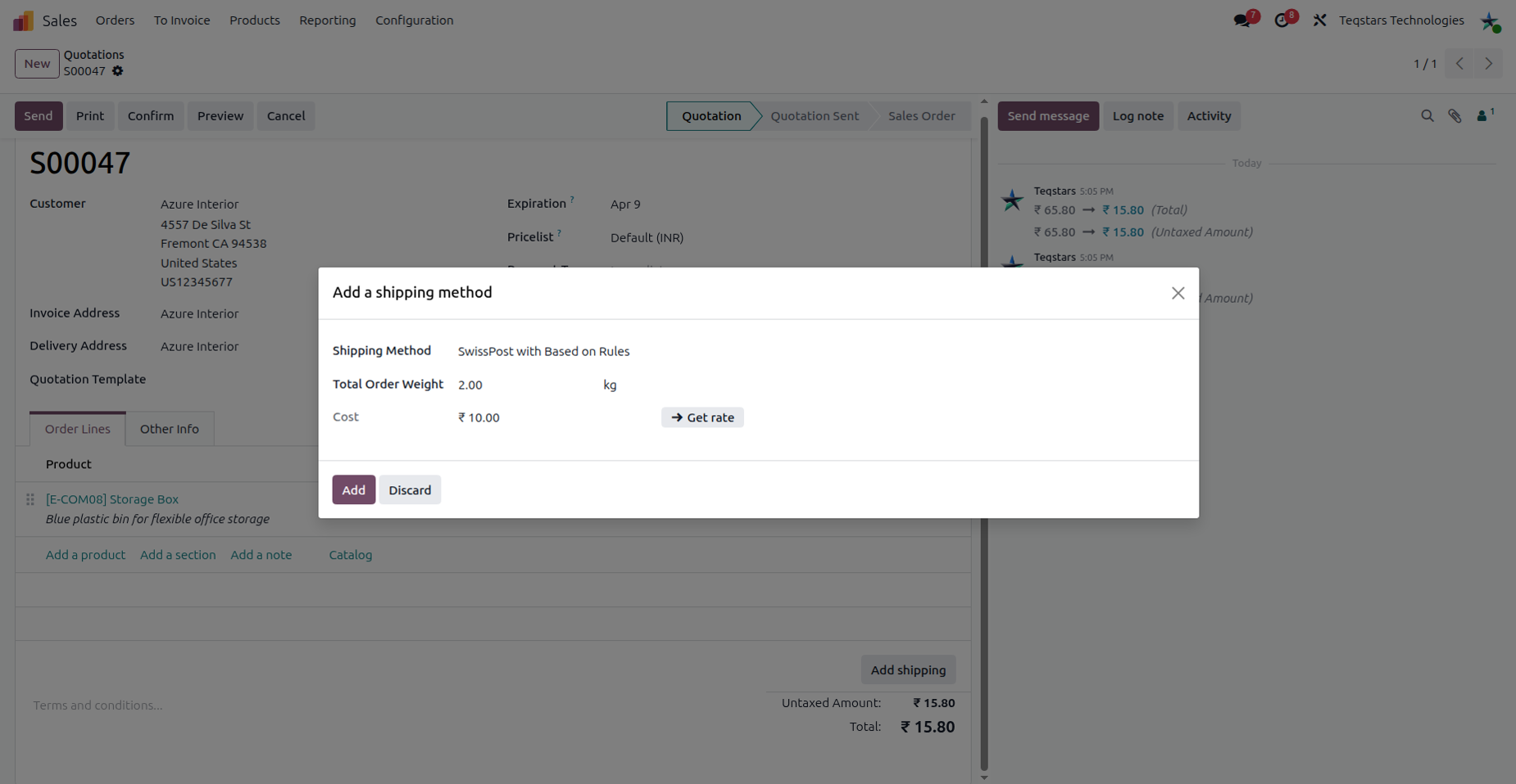Getting the rate with a Swiss Post based on rules delivery method on a sale order.