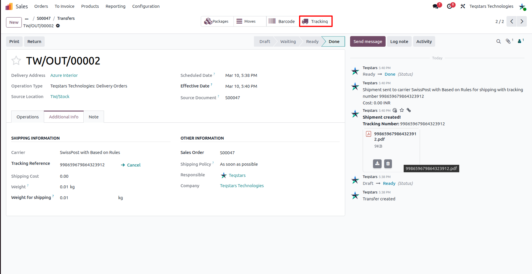The Swiss Post tracking portal opened from a delivery order.