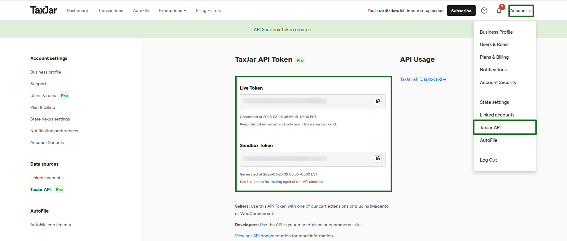 How to get an API token from TaxJar.