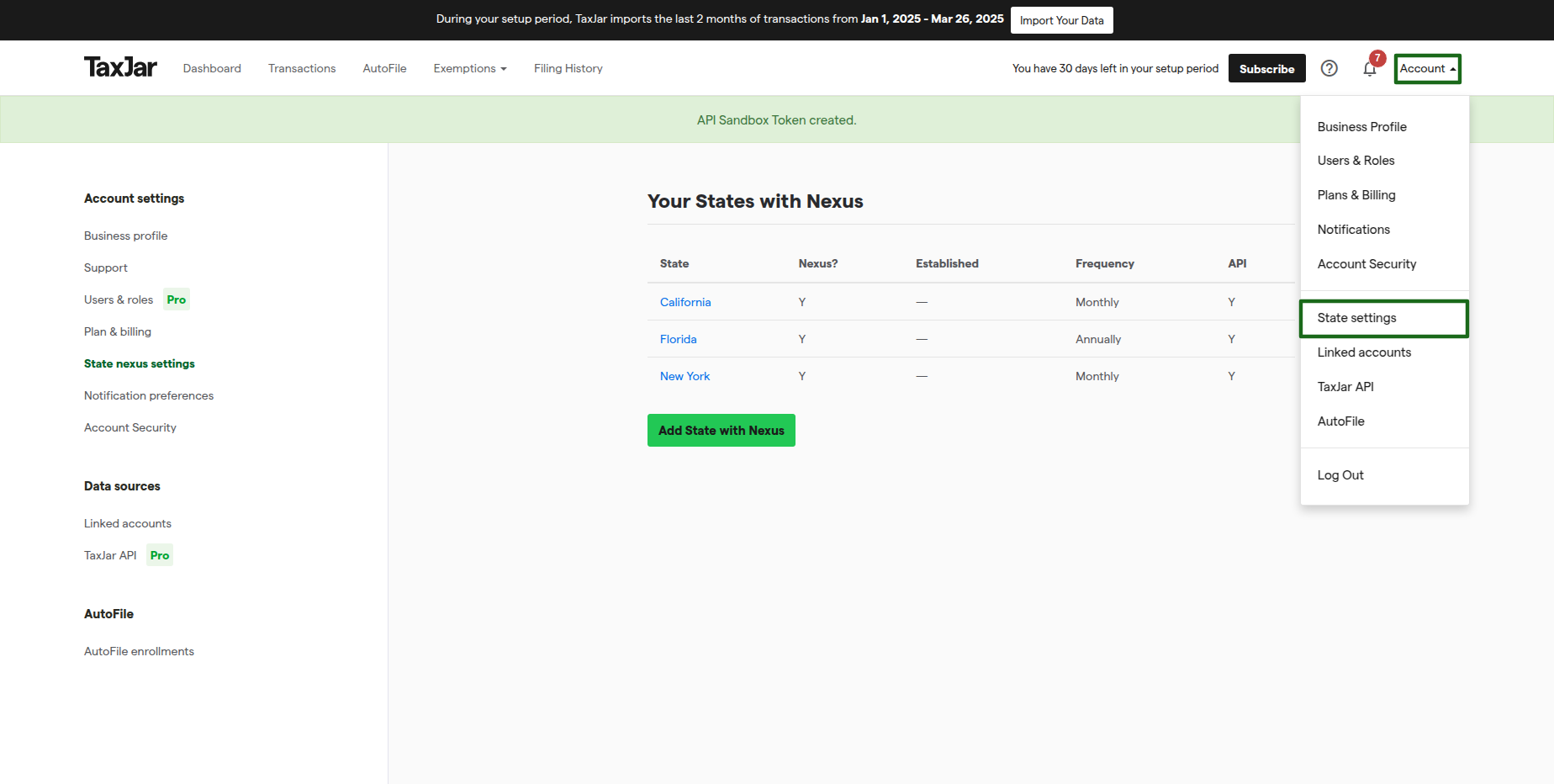 taxJar State Settings.