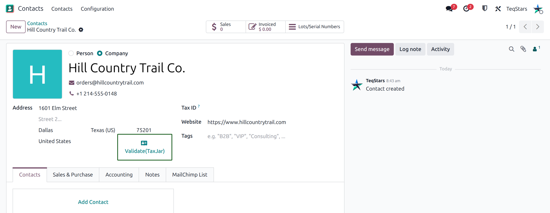 a contact form with the Validate(TaxJar) button