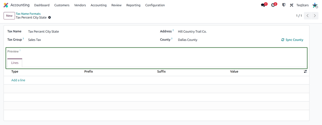the Tax Format form with the Tax Name, Preview, Address, County and Tax Group fields and the Lines tab