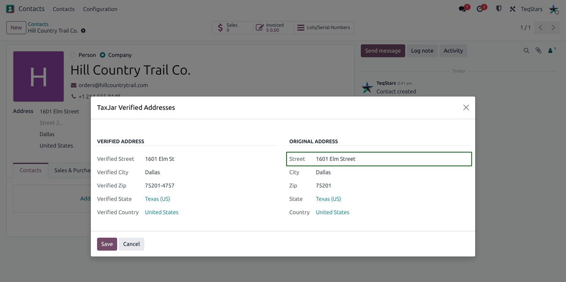 the TaxJar Verified Addresses window with the original address and the list of verified addresses