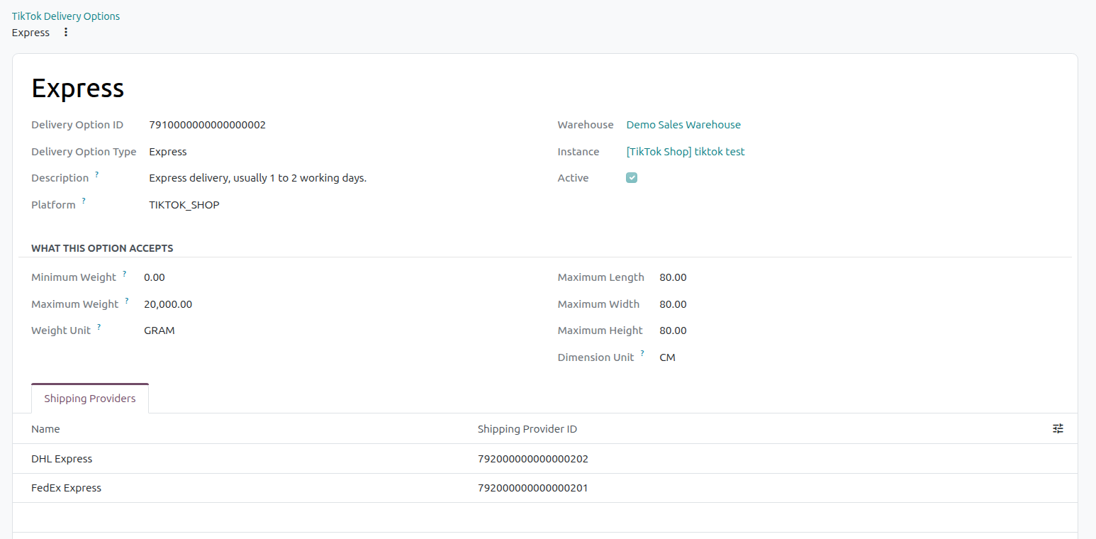 A delivery option form with its name, Delivery Option ID, warehouse and instance