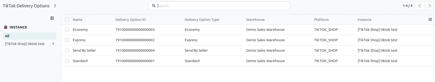 The Delivery Options list with several delivery options and their warehouses