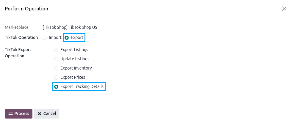 Export Tracking Details Operation