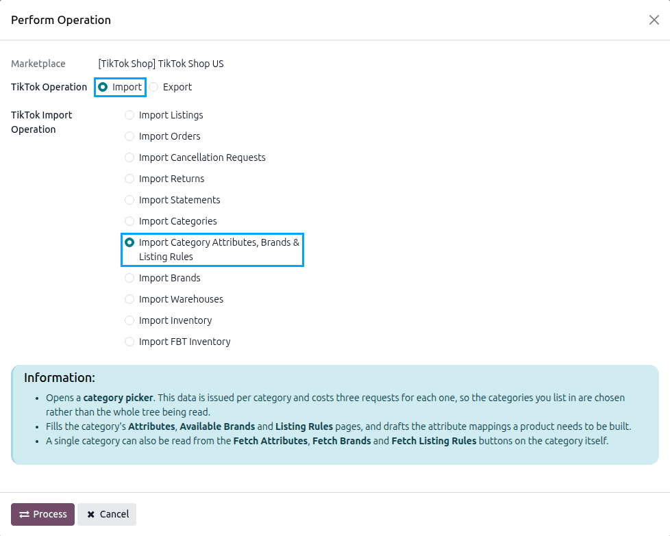 Import Category Attributes, Brands & Listing Rules Operation
