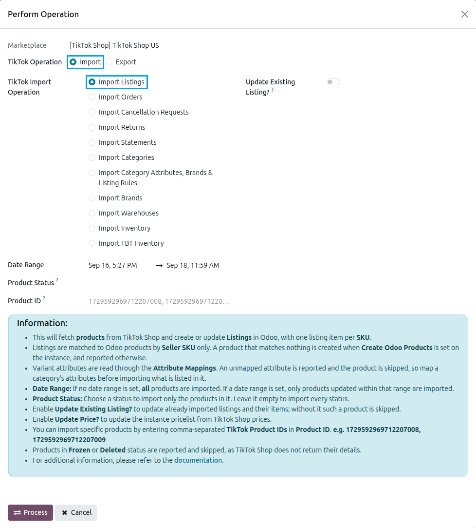 Import Listings Operation
