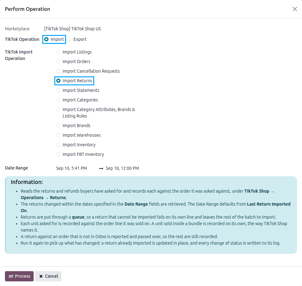 Import Returns Operation