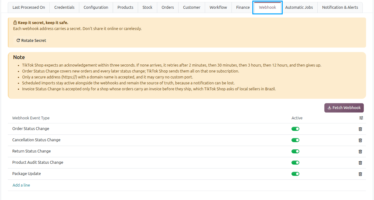 The TikTok Shop instance form with the TikTok Webhooks field and its list of webhooks