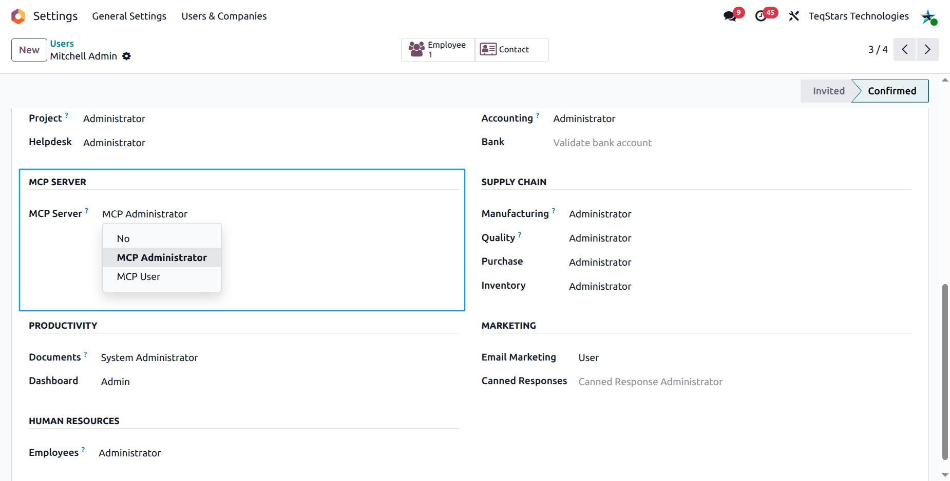 User form showing the MCP Server privilege section with MCP Administrator and MCP User options