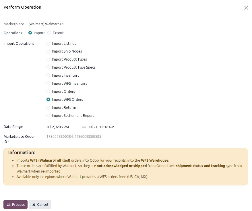 WFS Order Import Screen