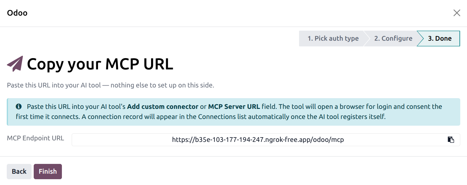 Browser login Done step displaying the MCP Endpoint URL with copy-to-clipboard widget