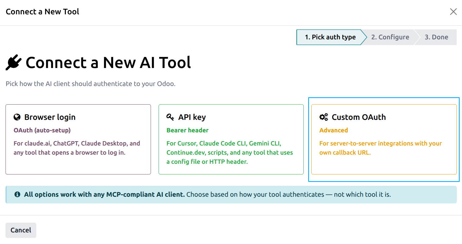 Wizard Step 1 with the Custom OAuth card highlighted in yellow