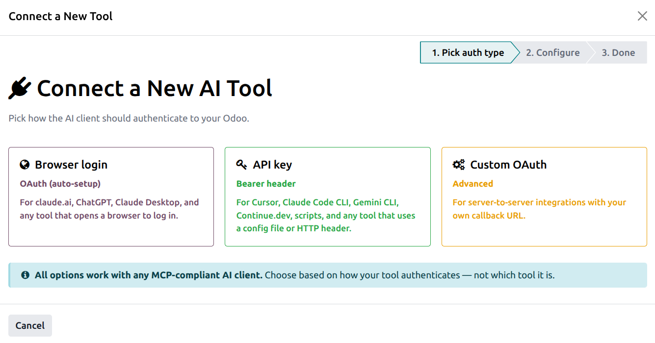 Connect a New Tool wizard — Step 1 with the three clickable cards: Browser login, API key, Custom OAuth