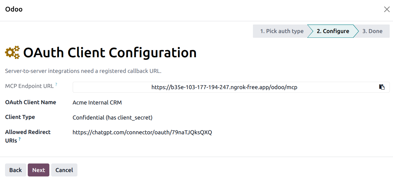 Wizard Step 2 — Custom OAuth path with fields for OAuth Client Name, Client Type, and Allowed Redirect URIs