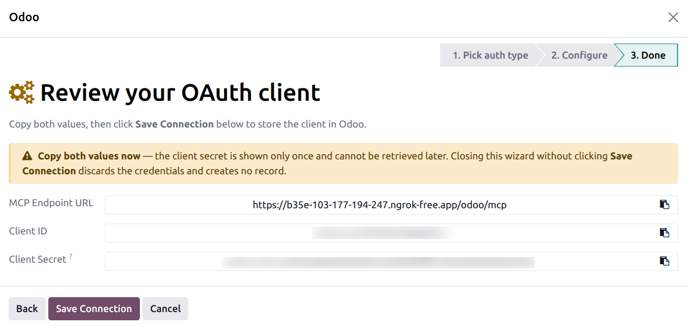 Wizard Step 3 — Custom OAuth Done step with the URL, Client ID, and Client Secret displayed