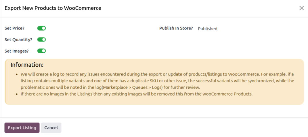 Export Listing Options