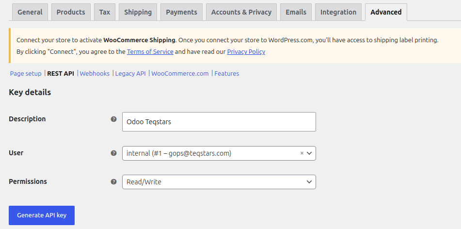Generate WooCommerce REST API keys