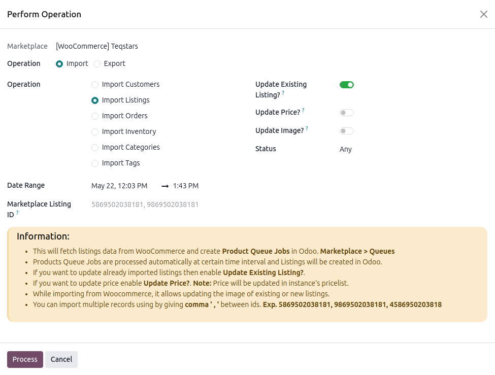 Listing import screen