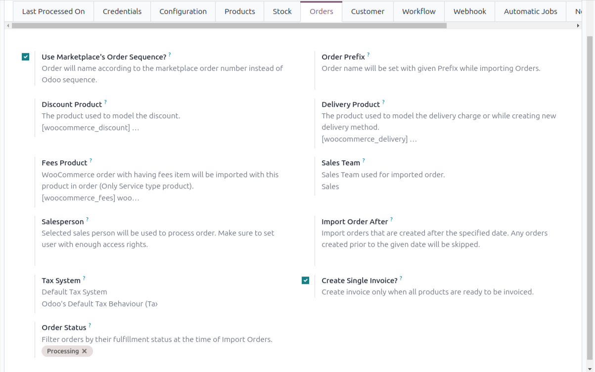Orders configuration