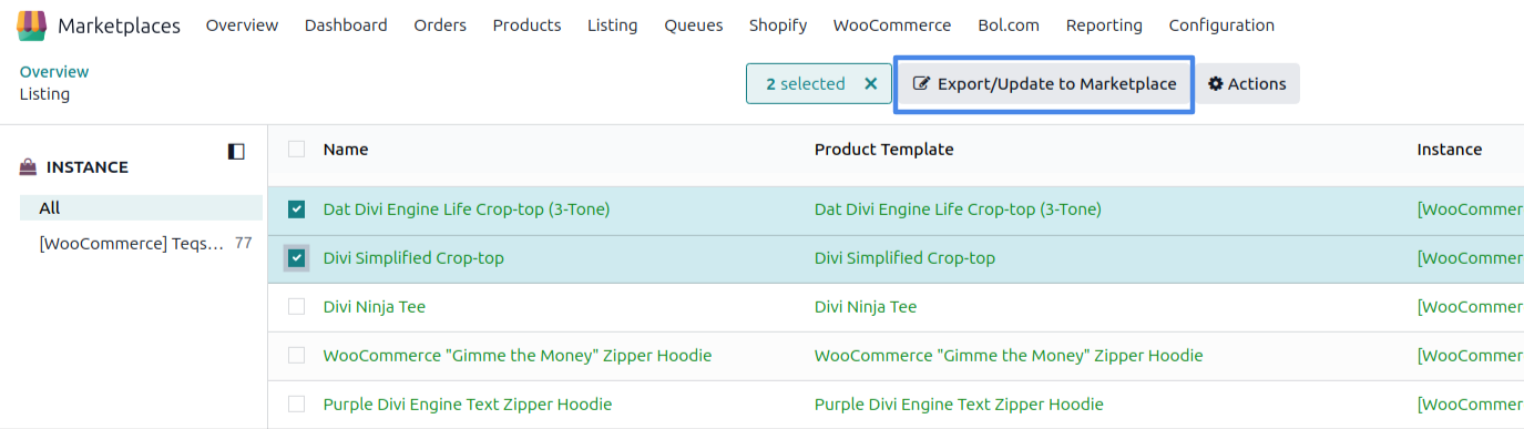 Export/Update Listing in Marketplace action