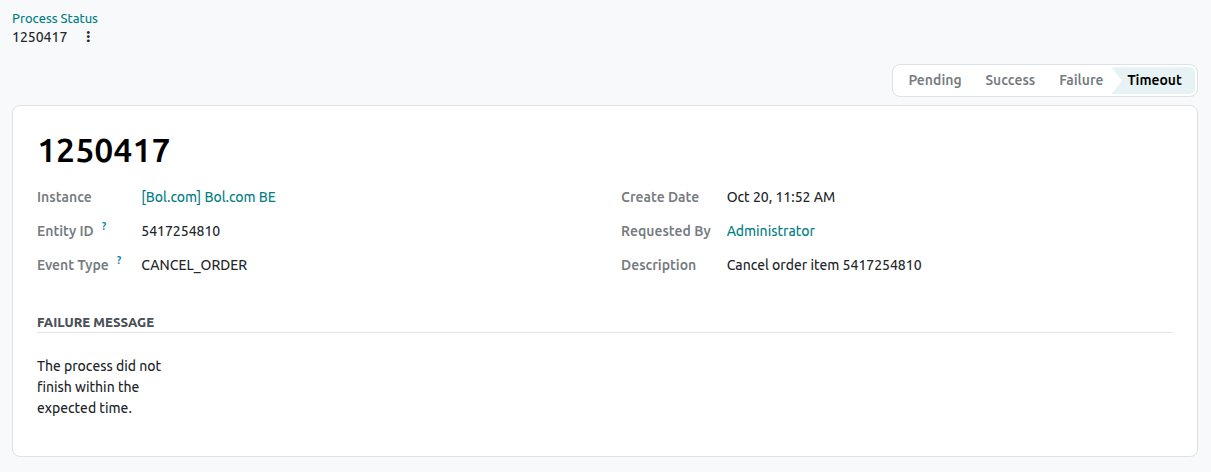 A process status record form showing the event type, entity ID, status and Failure Message