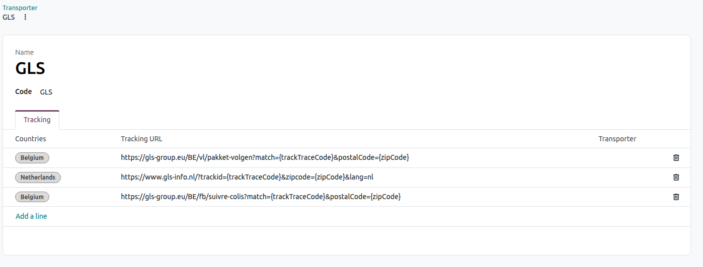 A transporter form with its name, code and the Tracking tab with countries and tracking URLs