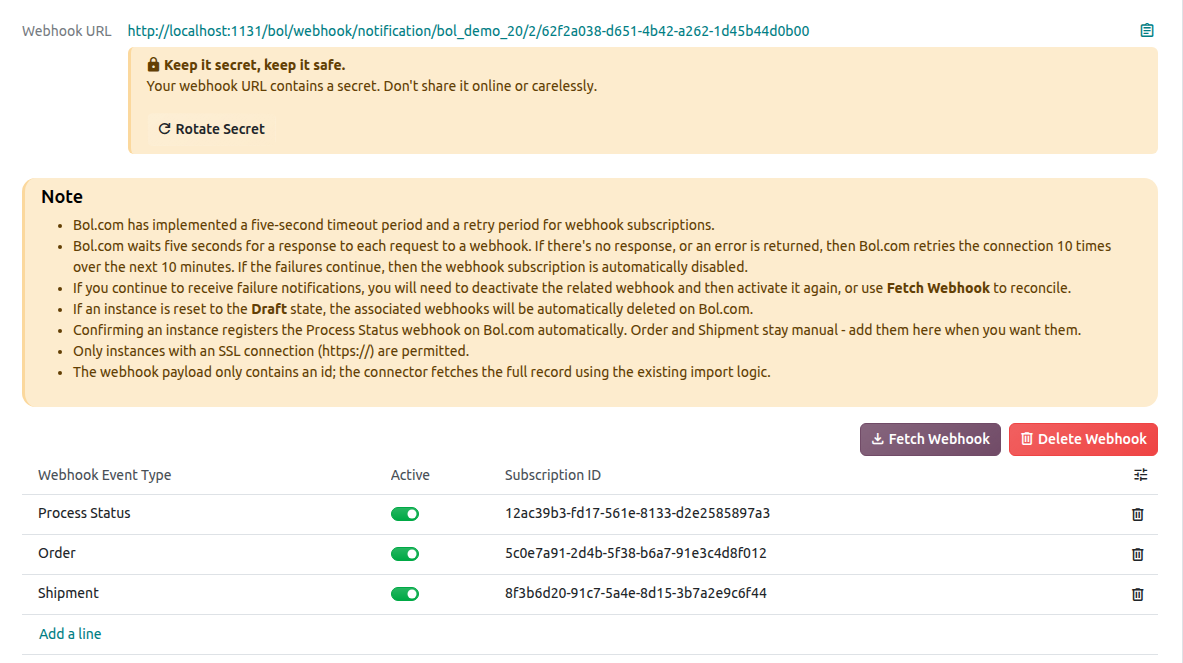 Webhook list with Webhook Event Type, Subscription ID (shown from the optional columns menu) and Active columns
