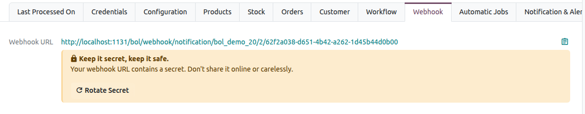 Webhook tab of a Bol.com instance showing the Webhook URL and the Webhook list